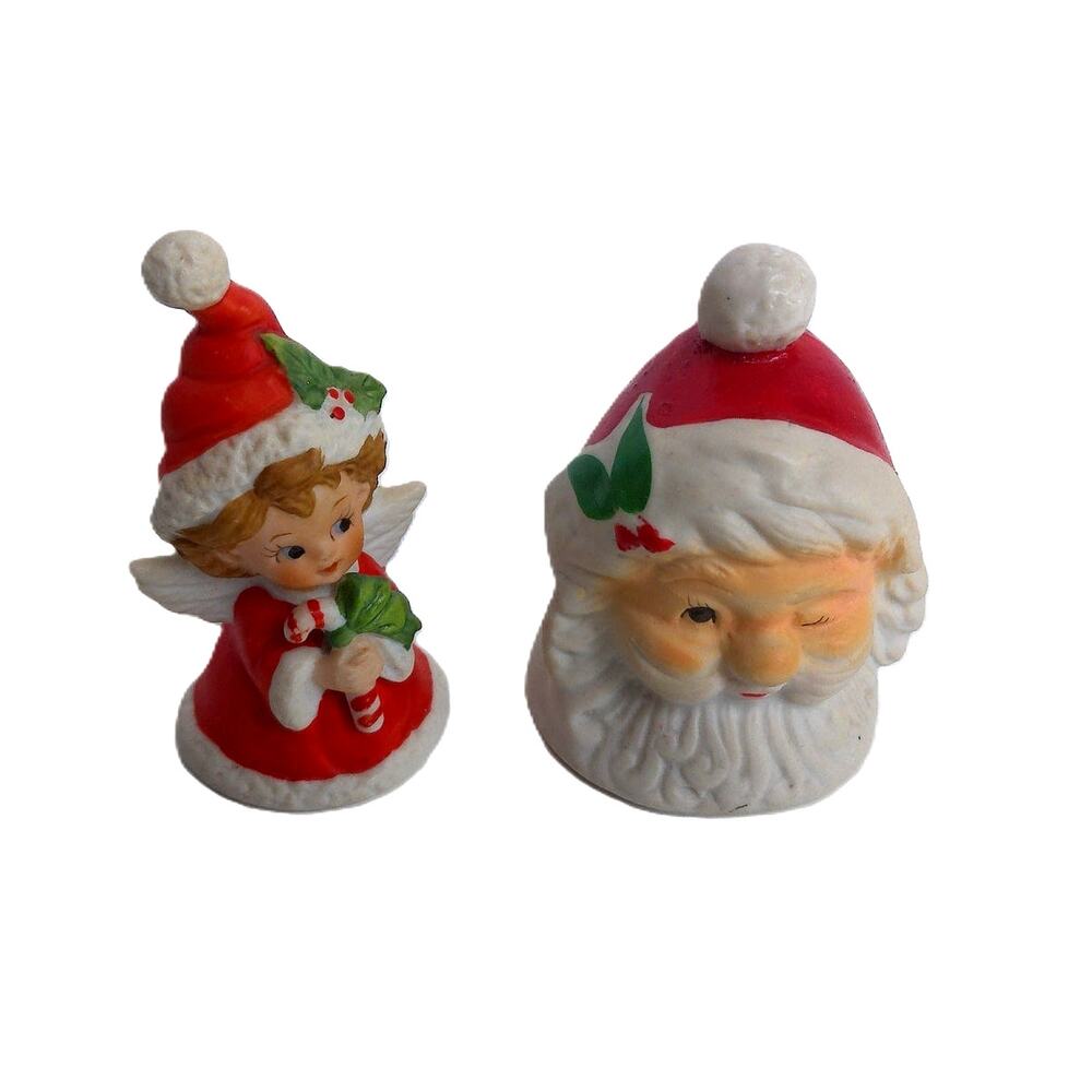 Vintage Mid Century Ceramic Christmas Bells Set Lefton Angel & Santa Claus